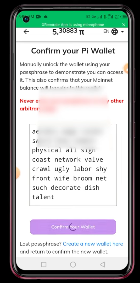  recover pi wallet passphrase 